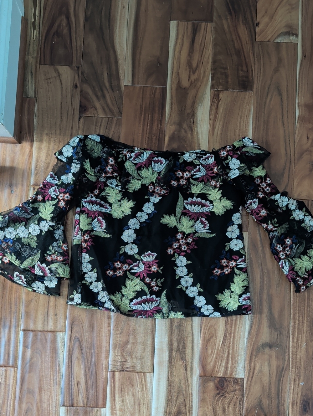 Amanda Uprichard Black Floral Off-Shoulder Blouse with Bell Sleeves